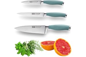 Taylors Eye Witness Syracuse Kitchen Knife 3pce Set - Paring 8cm/3.5”, Chefs 15cm/6” & Cooks All Purpose 13cm/5” Cutting Edge. Ultra Fine, Razor Sharp Blade. Soft Textured Grip Aqua Blue Handle