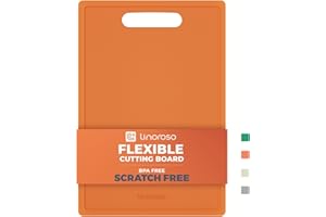 Linoroso Planche à Découper en Plastique - Sans BPA, Flexible, Antirayures, Légère et Portable - 25x35 cm avec Rainure à Jus, Compatible Lave-Vaisselle - Orange