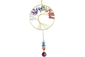 mookaitedecor Chakra Naturelle Pierre Arbre de Vie Decoration Suspension Fait Main avec Décoratifs Pendentif Attrape-Soleil Prismes Cristal à Suspendre