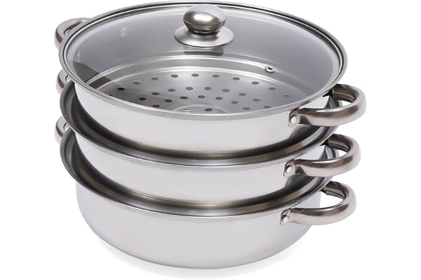 Ångkokare i rostfritt stål i tre lager med 2 x ångkokare, stekpanna, glasskydd, 32,5 x 25 cm ångkokning för gas, el, induktion och halogenspisar