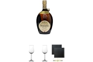 UNBEKANNT Toschi Nocello Nusslikör 0,7 Liter + 2 Bugatti Nosing Gläser mit Eichstrich 2cl und 4cl + Schiefer Glasuntersetzer eckig ca. 9,5 cm Ø