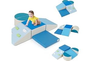 HOMFME Parcours Motricité Bébé en Mousse 6 Pièces, Blocs d’Escalade avec Housse en Cuir et Attaches à Crochets et Boucles, Aire de Jeux à Différentes Formes, Idéal pour Enfants 3 Ans Plus (Bleu)