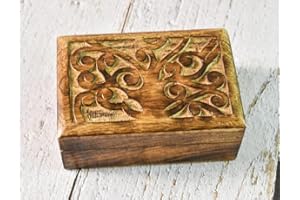 Ajuny Joyero de madera tallada a mano para mujer con diseño de árbol de la vida