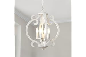 ‎LYNPON LynPon 4-flammiger Weiße Kronleuchter Holz Rustikal Deckenleuchte Vintage Leuchter Chandelier Holz Pendelleuchte Hängeleuchte Luster für Esszimmer, Küche, Wohnzimmer, Schlafzimmer, Flur