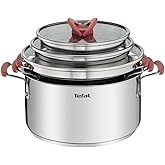 Tefal Optispace &ndash; Set of 3 Pots + 3 Accessories, Stainless Steel | 3 Pots 7.1/7.9/24 cm + 3 Lids, Non-Stick Coating, Stackabl