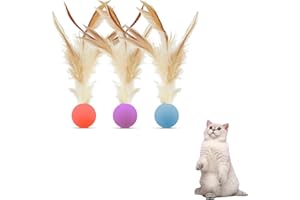 Andiker Juego de 3 bolas para gatos con pluma, coloridas bolas de plumas de gato con buen elástico para el ejercicio de persecución de masticar, juguete interactivo para gatos de interior (S)