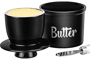 JSHKY Butter Crock with Spreader, Porcelain French Butter Keeper for Counter, Butter Container with Water Liner, Gift for Mother’s Day, Thanksgiving Day and Christmas (Color-Black)