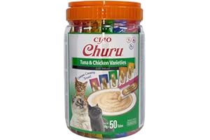 INABA Churu - Friandises pour Chats en Purée Variétés de Thon & Poulet - Délicieux Snacks pour Félins - Texture Lisse et Onctueuse - Nourriture pour Chats - 50 Tubes x 14g