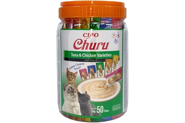 INABA Churu - Friandises pour Chats en Purée Variétés de Thon & Poulet - Délicieux Snacks pour Félins - Texture Lisse et Onctueuse - Nourriture pour Chats - 50 Tubes x 14g