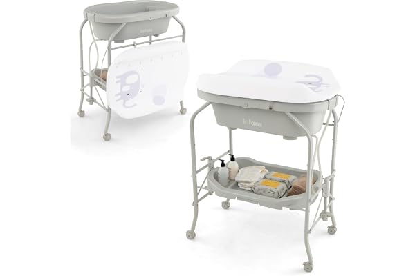 COSTWAY Table à Langer 2 en 1 avec Baignoire 20L Plateau de Rangement, Commode à Langer Pliable Couches Étanches Roue Universelle à Frein Baignoire Charge 35KG, pour Bébé 0-12 Mois (Gris Clair)