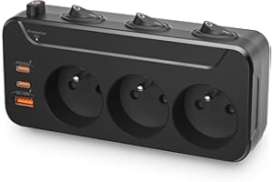 OORKYZZ Multiprise Murale avec USB C Charge Rapide,Bloc 3 Prises Françaises avec Terre,Prise Multiples avec Interrupteur Individuel,Prise Electrique Parafoudre,Adaptateur Secteur Triplette de Courant,Noir