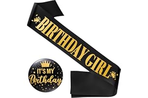Yaomiao Birthday Sash for Women Birthday Girl Sash Party Decorations and It's My Button Glittery Metal Pin Its My Pin Badge for Party Decoration(Black Gold)