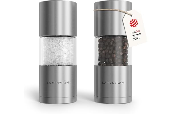 LARS NYSØM Salt och Pepparkvarn Set Rostfritt Stål - Manuella Kvarnar | Keramiskt malverk justerbart från mycket fint till mycket grovt - För peppar, salt och chili - Bottenlock mot smulor