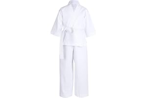 inhzoy Enfants Garçon Fille Tenue de Karaté Taekwondov Judo Kimono en Coton Costume de Combat Performance Ensembles Haut Vest + Pantalon + Ceinture Blanche