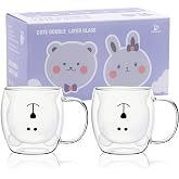 Cute Bear Mugs Set of 2 Coffee Mugs with Handle 8.5 oz Milk Cup Double Wall Insulated Glass Espresso Coffee Mugs Glass Gift f