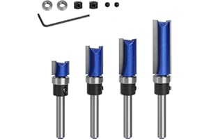 Trvoxviq Flush Trim Pattern Router Bits, 1/4" Shank Straight Flush Trim Tools Template Milling Cutter CNC Bit(4Pcs), 1/2" CED Bottom Bearing Cutter bit for Solid Wood, Plywood, MDF Engraving