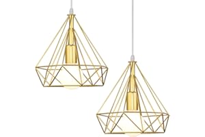 iDEGU Lampada a Sospensione Industriale 25CM Lampadario a Sospensione Vintage Forma a Diamante Retrò Luce a Sospensione per Sala da Pranzo Camera da Letto Soggiorno (2 Pezzi, D'oro)