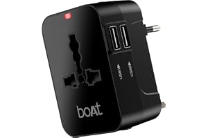 boAt Universal Travel Adapter C10 Compatible with US, UK, EU & AU Plug Types, Two USB Ports with 10W Max Support, 5-in-1 International Travel Adapter with Overheat/Overcharge Protection