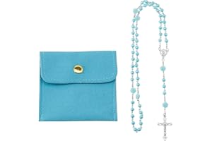 DICOSMETIC Collar de rosario azul con 67 cm de perlas de aleación de Jesús Cruz Rosario Collar para mujeres hombres con 1 bolsa de embalaje de joyería de cuero PU
