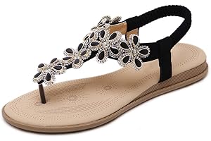 iCKER Women's Flat Sandals Ladies Thong Flat Sandals Bohemian Beaded Strap Sandals Diamante Rhinestone Leather Sandals