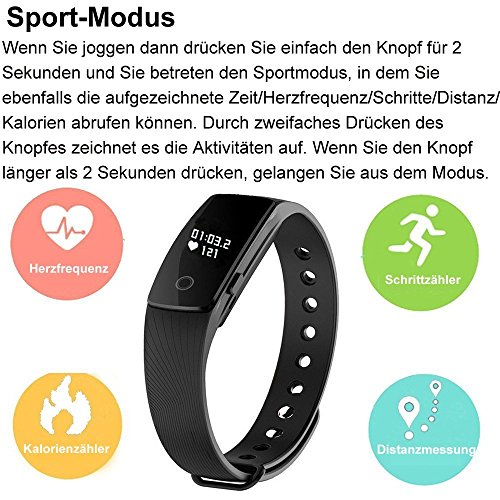 AsiaLONG Aktivitätstracker mit Pulsmesser Bluetooth Fitness Armband Activität Tracker Smart Armband mit Schrittzähler / Schlafanalyse / Kalorienzähler / SMS SNS Vibration Fitness Tracker für Android und IOS (Schwarz) - 6