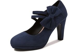 elerhythm Women's Mary Jane Heels with Bow Retro Closed Round Toe Pumps Suede Chic Bowtie Vintage Gatsby Shoes