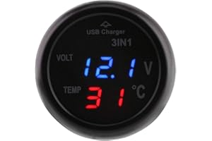 Ymiko Car Thermometer Voltmeter Cigarette Lighter with USB Car Charger, 3 Inch Dual LED Display Digital Voltmeter Thermometer Cigarette Lighter USB Car Charger (Blue Red)
