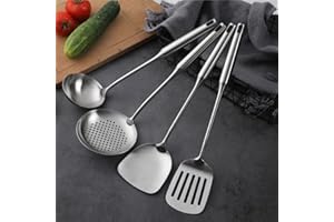 JXCBXJ 4 pezzi Set di Utensili da Cucina,spatola wok in acciaio inossidabile 304, mestolo, scolapasta e spatola,Lavabile in Lavastoviglie,per uso domestico, hotel, ristorante.