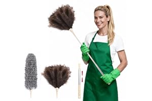PVEGOS 55" Extendable Feather Dusters Set, Long Handle Replaceable Ostrich Feather & Microfiber Head, Telescopic Fluffy Feathers for Cobwebs, Radiator, Venetian Blind, Cleaning Ceilings, Cars, Fans