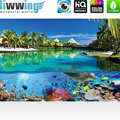 Vlies Fototapete 312x219cm PREMIUM PLUS Wand Foto Tapete Wand Bild Vliestapete – Tiere Tapete Delfin Fische Korallen Tiere Meer Palme Strand Hütten blau – no. 2044 - 2