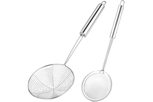 Omnikryp 2 Pezzi Schiumarola, Colino in Acciaio Inox, Ragno Cucina con Manico Lungo, Schiumarola Scolapasta per Cucinare in Cucina, Grigliare, Cuocere a Vapore e Scolare, Diametro: 14 cm, 12 cm