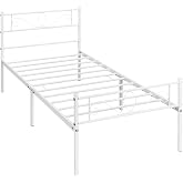 Yaheetech Single Bed 90 x 190 cm with Headboard Height 32 cm White | Modern Style Metal Bed Frame for Bedroom