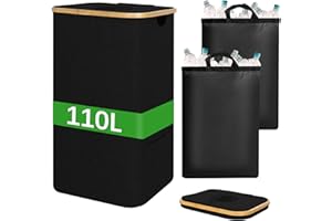 FYting Cesto Ropa Sucia,110 L Cesta Ropa Sucia,Plegable Cesto Ropa Sucia con Tapa,con 2 piezas Bolsa Interior Impermeable ExtraíBle,Bolsa de Almacenamiento Lateral,para Juguetes, Botellas (Negro)