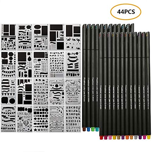Lot de 44 Pochoir Bullet Journal et Stylos a Pointe Fine pour Carnet de Notes et Livres de Coloriage