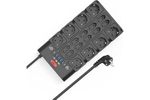 BEVA Regleta Enchufe 3680W/16A, Regleta Multiple con 18 Toma de AC, 4 Puertos USB-A y 2 USB-C, Ladron Enchufe con Indicadores de Estado y Proteccion Sobretension 2M Cable