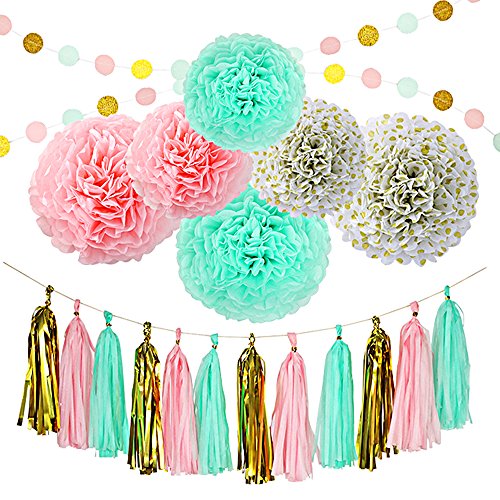 HOMMINI 20 pcs Pompons décoration en papier de soie pour Mariage/anniversaire/le baptême/6 pcs fleurs pompons de Rose/vert menthe/Polka Dots /12...
