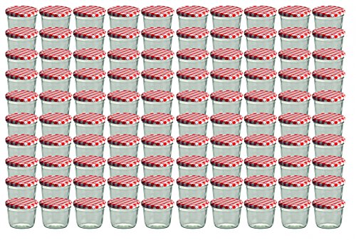 100er Set Sturzglas 230 ml Marmeladenglas Einmachglas Einweckglas To 82 rot karierter Deckel incl. Diamant-Zucker Gelierzauber Rezeptheft - 2