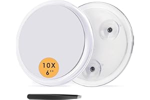 Auxmir Miroir Grossissant 10X Rond Mural avec 3 Ventouses, Miroir Cosmétique de Poche Portable avec Pince à Épiler pour Maquillage Épilation Elimination Points Noirs (15cm)