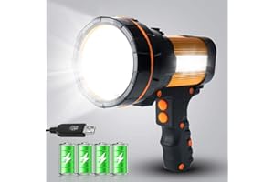 MAYTHANK Torcia LED Alta Potenza Professionale Ricaricabile USB ad Potente Torcia Elettriche Portatile Grande 4 Batterie 10000mah 6000 Lumen,con Lanterna Proiettore Laterale