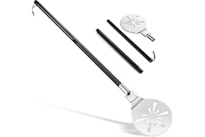 TEAMFAR Perforierter Pizzaschieber, 17,8 x 19,8 x 110 cm Rund Edelstahl Pizza Schieber mit Abnehmbaren Griff zum Leichten Gleiten auf Pizzastein, Pizzaschaufel für Grill Pizzaofen, Leicht zu Reinigen