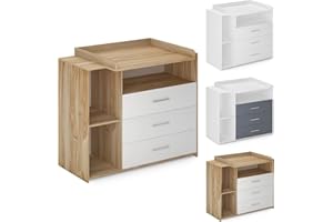 Infantastic® Table à Langer - 3 Tiroirs, 3 Compartiments Ouverts, Haute Qualité, Pratique, Bois, Métal, Gris-Blanc - Commode à Langer, Meuble Enfant, Armoire Chambre Bebe, Rangement Table