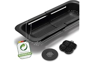 Black Sweden Home Escurridor Fregadero Extensible y Montable - Colador Negro con Esponja de Silicona y Colador de Fregadero - Set 3 Piezas - Escurridor para Cocina y Utensilios de Cocina
