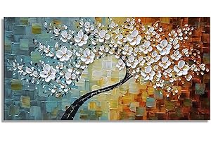 Fokenzary Dipinto a mano astratto moderno fiori spessi effetto 3D coltello tela pittura incorniciata pronta da appendere (40,6 x 81,3 cm)