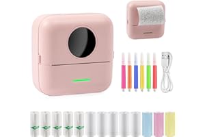 HooySprs Mini Printer Portable Thermal Photo Printer, Bluetooth Inkless Pocket Label Maker Printer with 13 Rolls Printer Lables and 5 Colouring Pencils for Study Notes, Memo, Photos, Lists (Pink)
