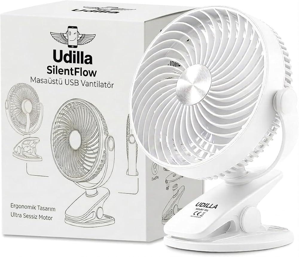 1800 mAh Bataratyalı USB Mini Vantilatör Fan Klipsli Sabitleme - 360° Ayarlanabilir - Ultra Güçlü Hava Akımı ile Süper Serinlik Hissi - Sessiz, Portatif, Taşınabilir (Beyaz, Klipsli)