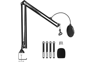 TONOR Stojak na Mikrofon z Ramieniem, Regulowany, Wysięgnik Nożycowy, Stojak z Filtrem Pop, Adapter 3/8” do 5/8”, Klips Mikrofonowy, Ulepszony Zacisk o Dużej Wytrzymałości, Mikrofonów