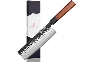 KEEMAKE Couteau Cuisine Japonais Nakiri - Couteau de Cuisine 18 cm en Acier Inoxydable, Couteau Légume Professionnel Lame Martelé Noir, Manche Octogonal en Bois de Rose