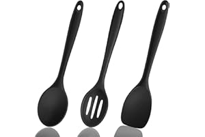 TOFFCAEA Lot de 3 Cuillères à Mélanger en Silicone, Spatules de Cuisine, 500 ℉ Anti-Adhésives, Avec Fente (Noir)