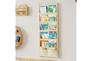 DUHARS Bücherregal Kinder Wand Holz, mit 6 Lagige Taschen Wandregal Bücher Kinder, Montessori Bücherregal für Spielzeug, Kinderzimmer, Baby Zimmer, Spielzimmer, Kinderregal Bücher Aufbewahrung, 118*42CM