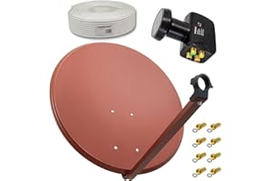 PremiumX Satelliten-Komplettanlage 80cm Satellitenschüssel Ziegelrot Quad LNB 50m Antennenkabel 8X F-Stecker, SAT für 4 Teilnehmer